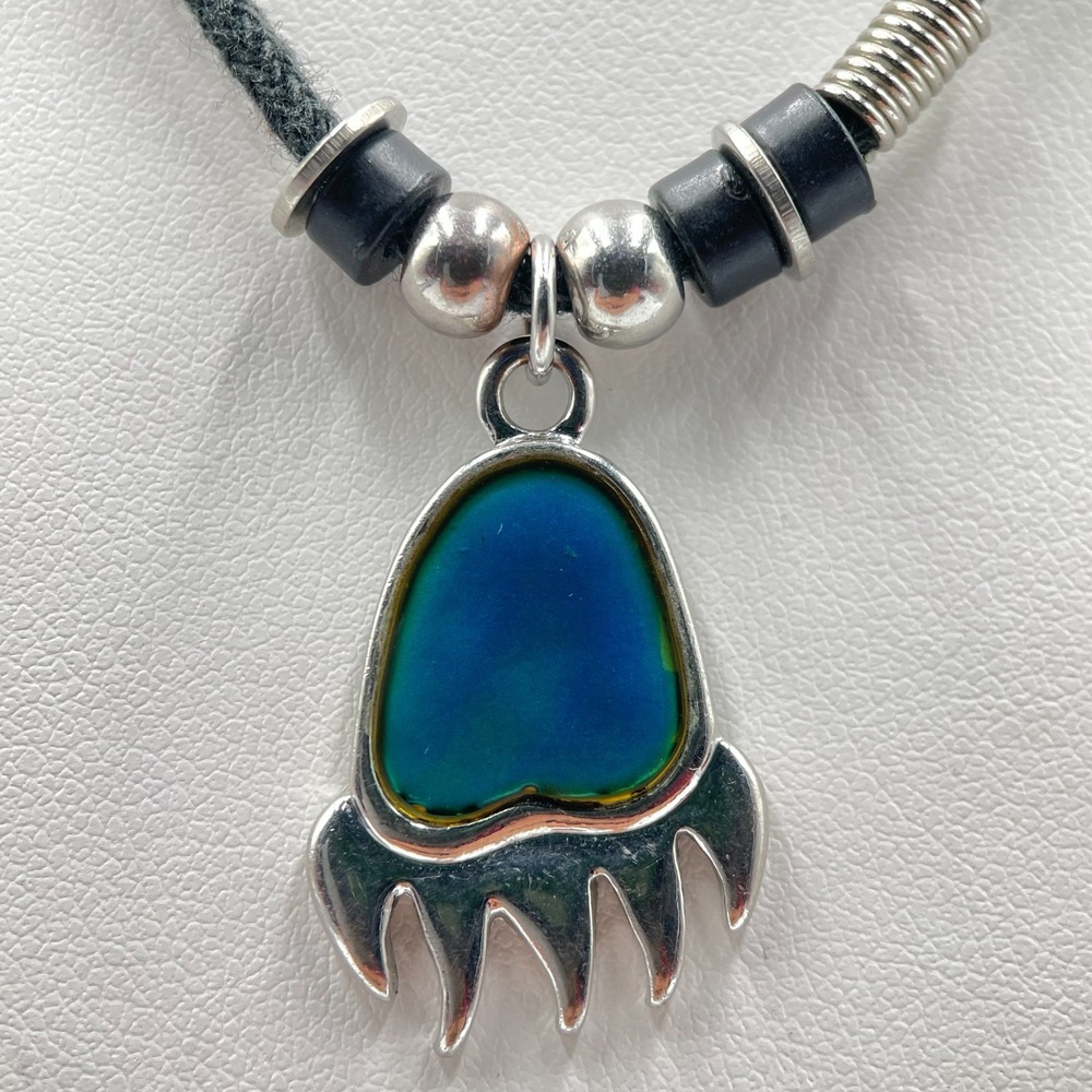 Vintage Y2K Silver Tone Bear Paw Mood Pendant Black Cord Beaded Surfer Necklace